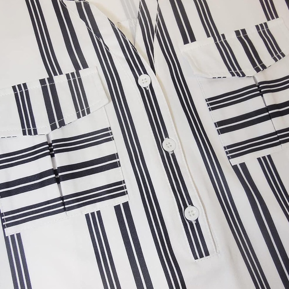 Top Shirt Stripes Lightweight Buttons Long Sleeves 3/4 Sleeves Roll-Up Cuffs 2XL - Picture 7 of 12